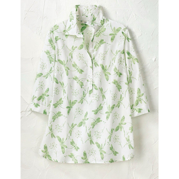 Coldwater Creek Cotton Critter Popover Shirt Green/White Semi Sheer Breathable M - Picture 1 of 15